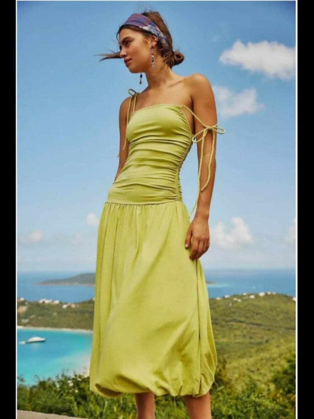 Free People FP Beach Free Est Liza Drop-Waist Midi Dress Ruched Bubble Large